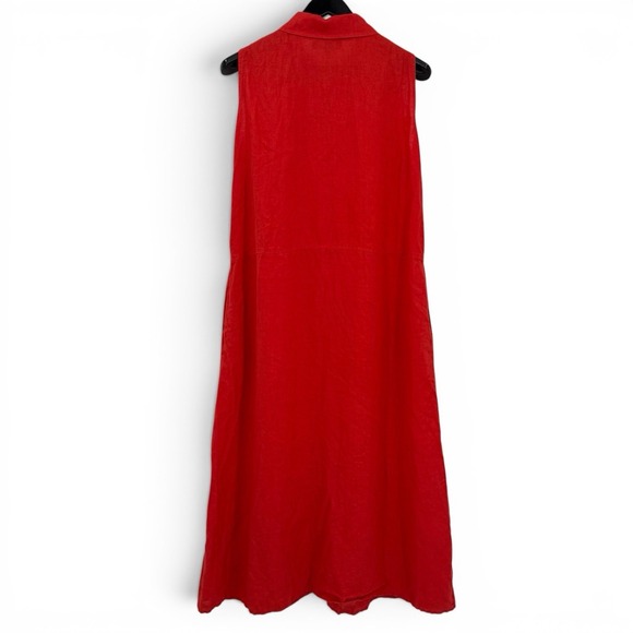 Flax Maxi Dress Sz L Orange/Red 100% Linen Button Front Coastal Minimalist  Beach